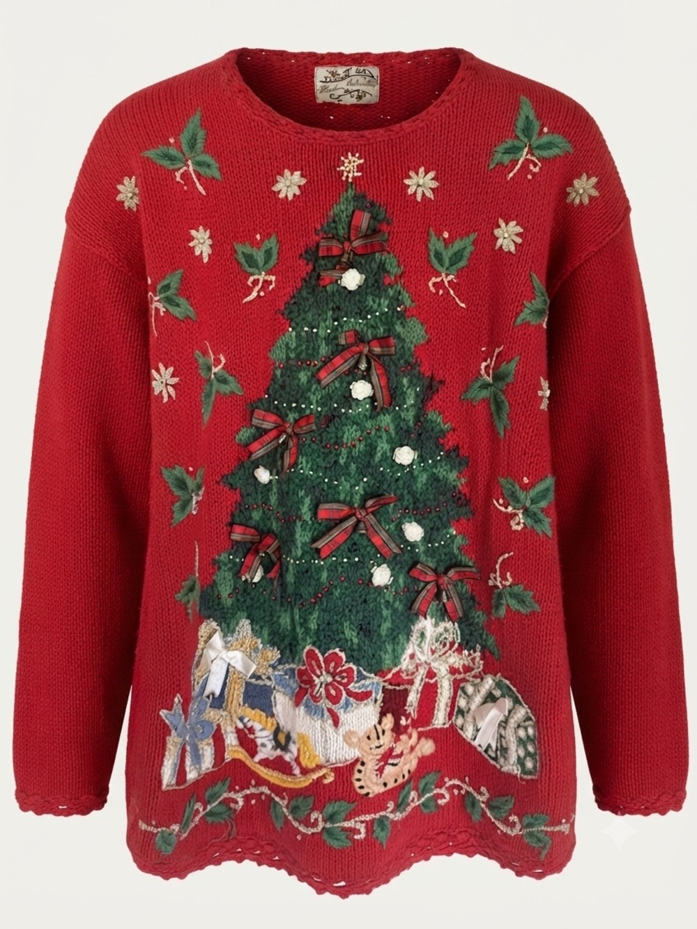 Vintage Heirloom Collectibles Red Ugly Christmas Sweater Tree Presents Bows Lrg